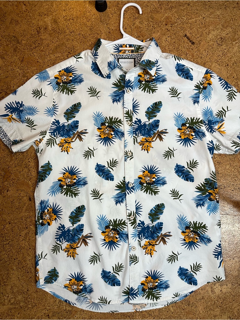 Denim & Flower White Tropical Floral Short-Sleeve Button-Up Shirt Size M Slim